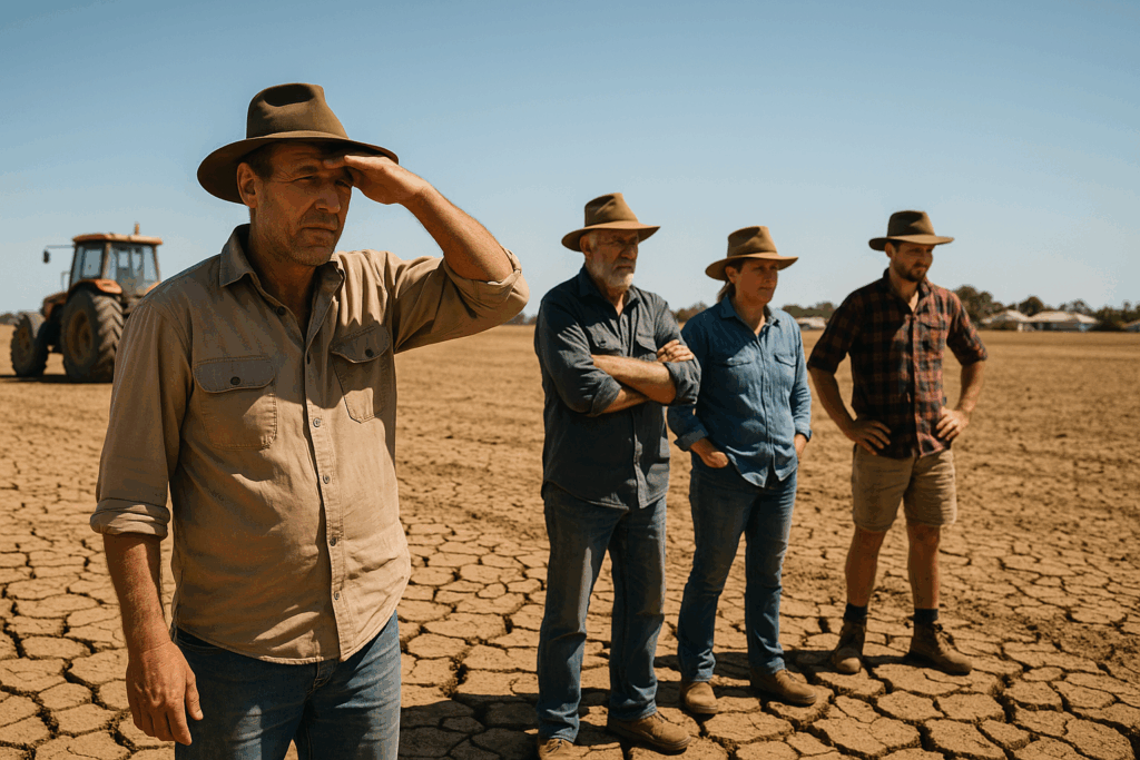 Farmers standing in drought-stricken Australian farmland