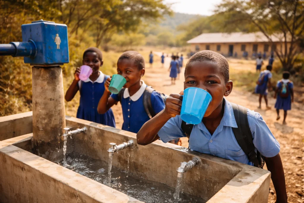 Children drinking clean water from water station installed in schools
