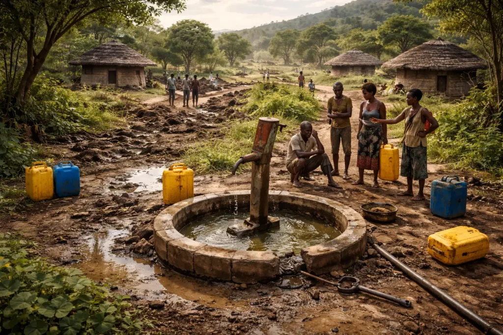 Disappointed residents waiting by a broken water project