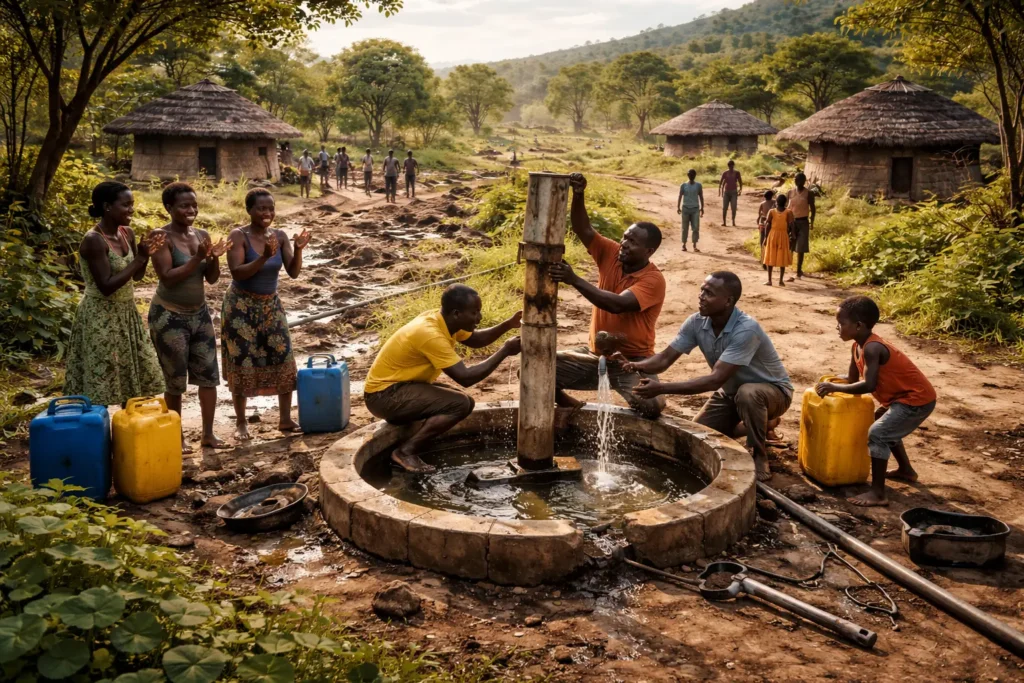 The villagers working together to fix the broken water pump